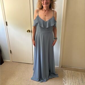 Bill Levkoff Slate Blue Cold Shoulder Gown